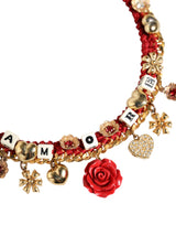 Gold Tone Choker Amore Red Floral Woven Charm Necklace