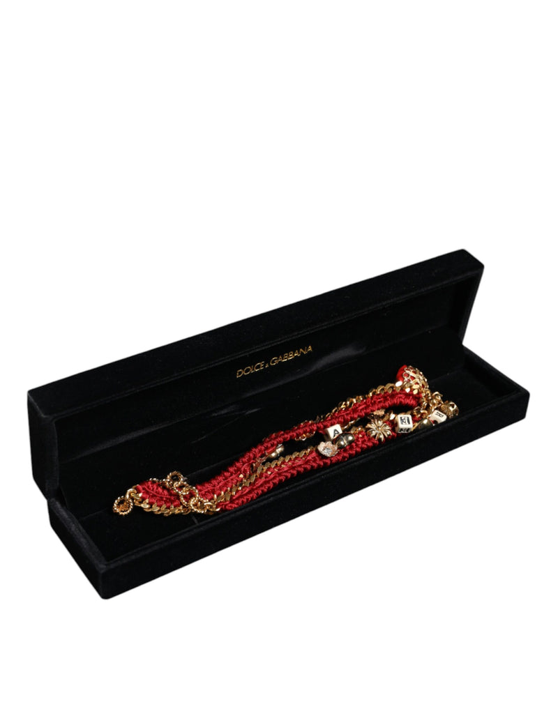 Gold Tone Choker Amore Red Floral Woven Charm Necklace