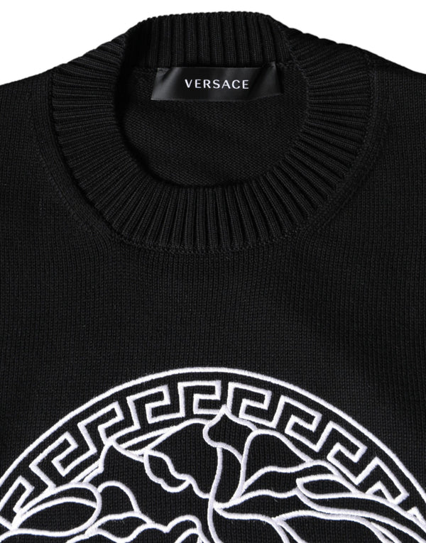 Black Medusa Embroidery Crew Neck Pullover Sweater