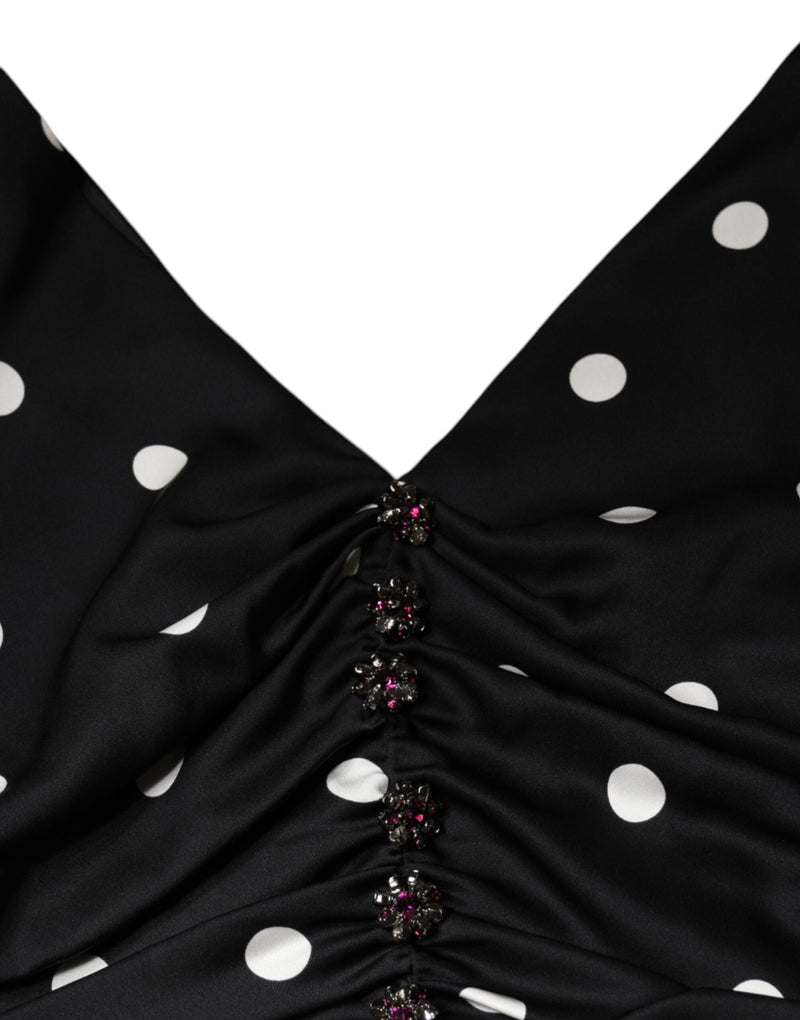 Black Silk Polka Dot V-neck Tassel Midi Dress