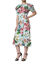 Green Floral Short Sleeves Round Neck Dress