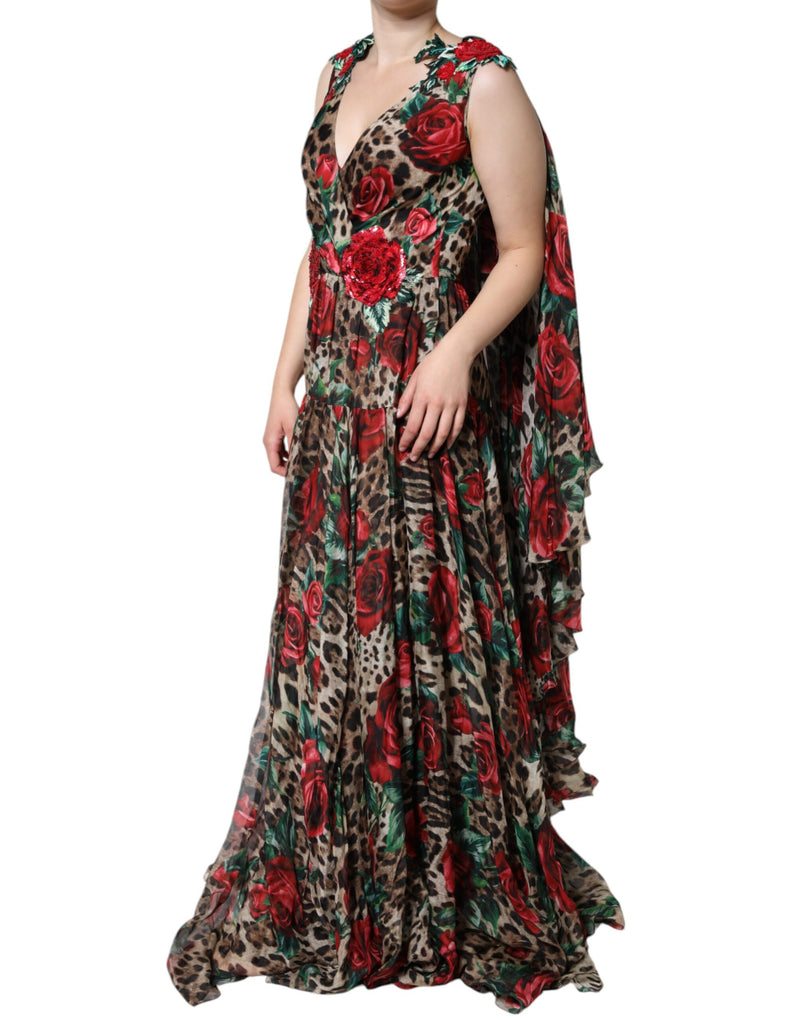 Brown Leopard Red Roses Silk Long Gown Dress