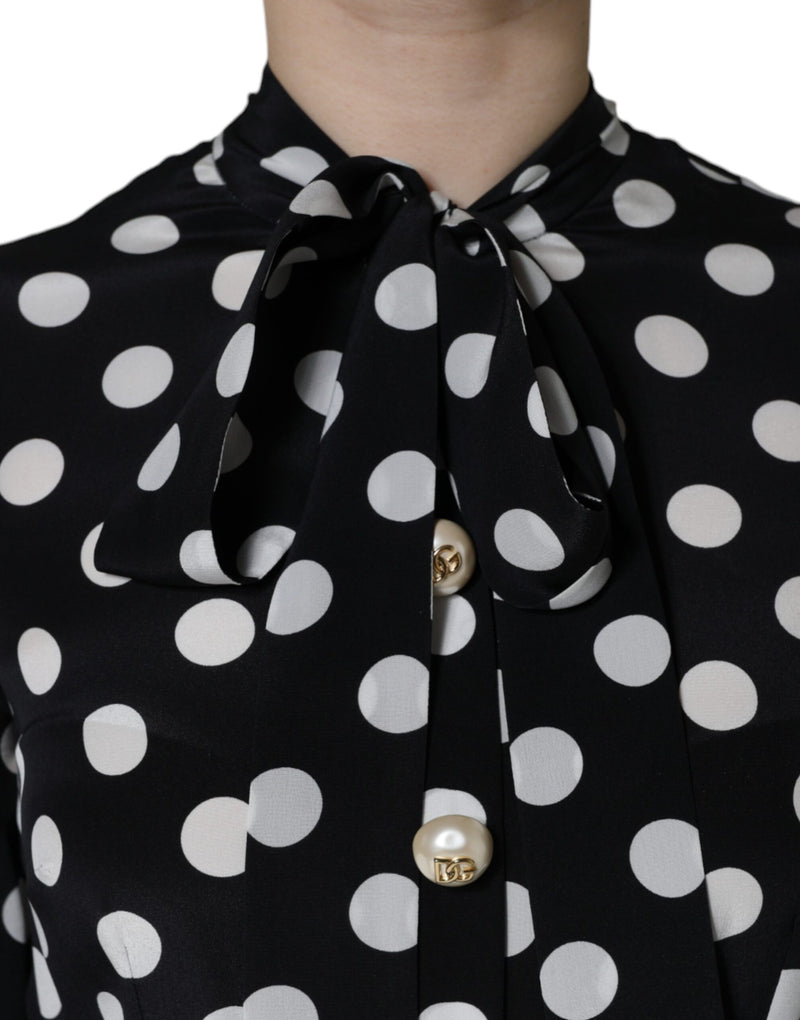 Black White Polka Dot Ascot Collar Midi Dress