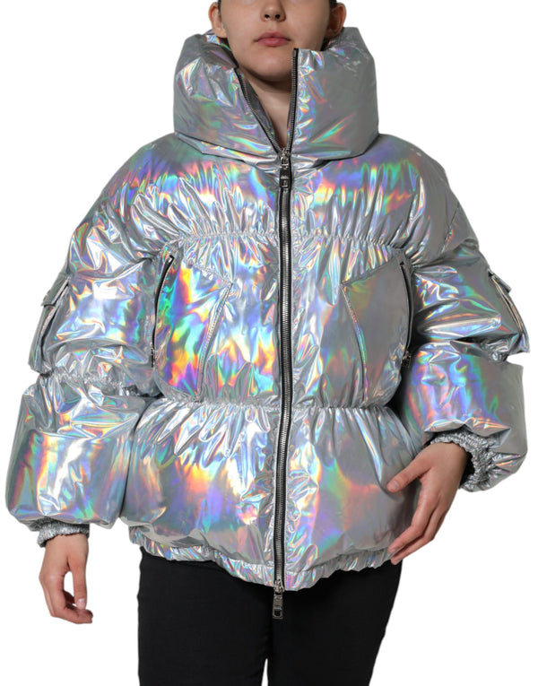 Silver Iridescent Puffer Full Zip Coat Jacket