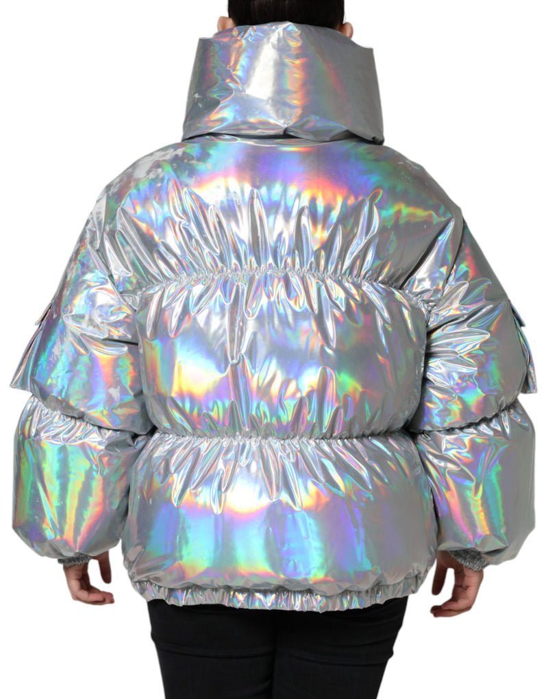 Silver Iridescent Puffer Full Zip Coat Jacket