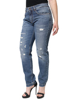 Blue Cotton Tattered Boyfriend Denim Jeans