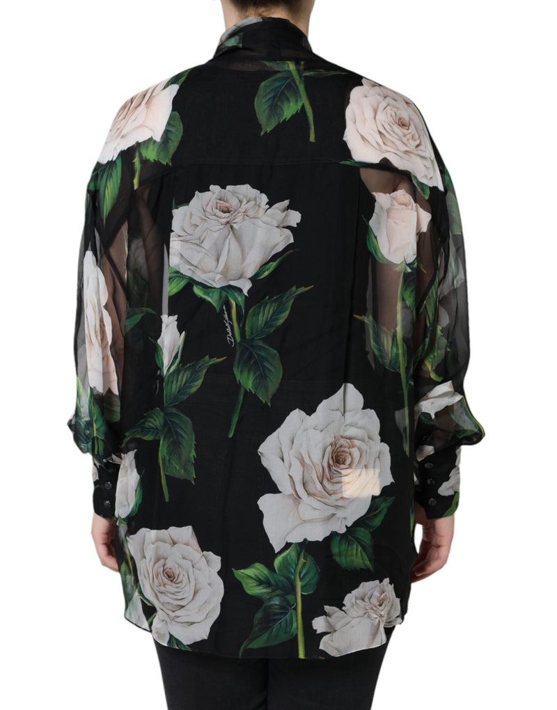 Black Floral Print Silk Cardigan Blouse Top