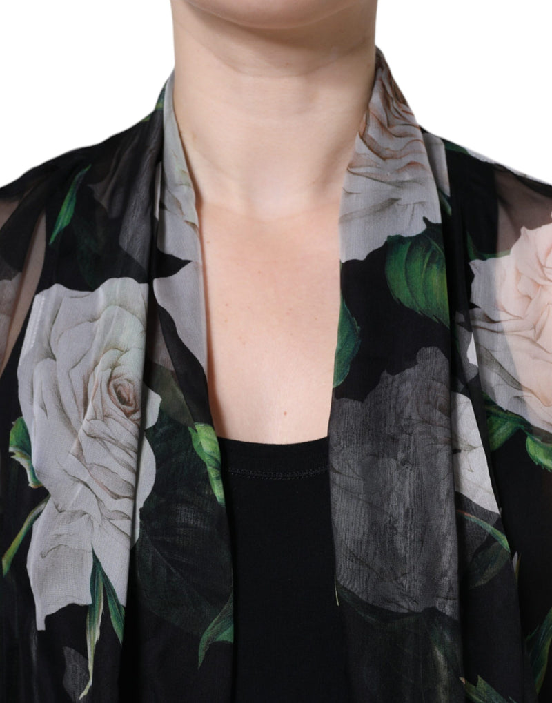 Black Floral Print Silk Cardigan Blouse Top