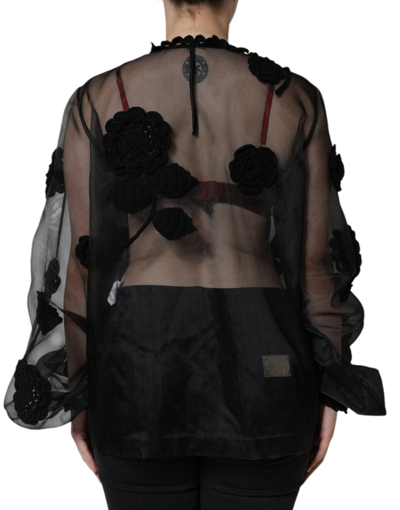 Black Nylon Mesh Transparent Floral Blouse