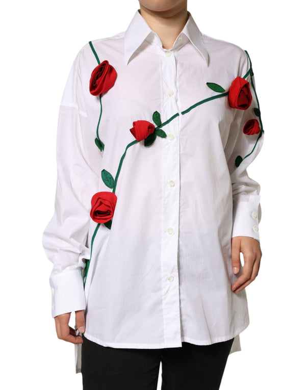 White Cotton Flower Applique Dress Shirt Top