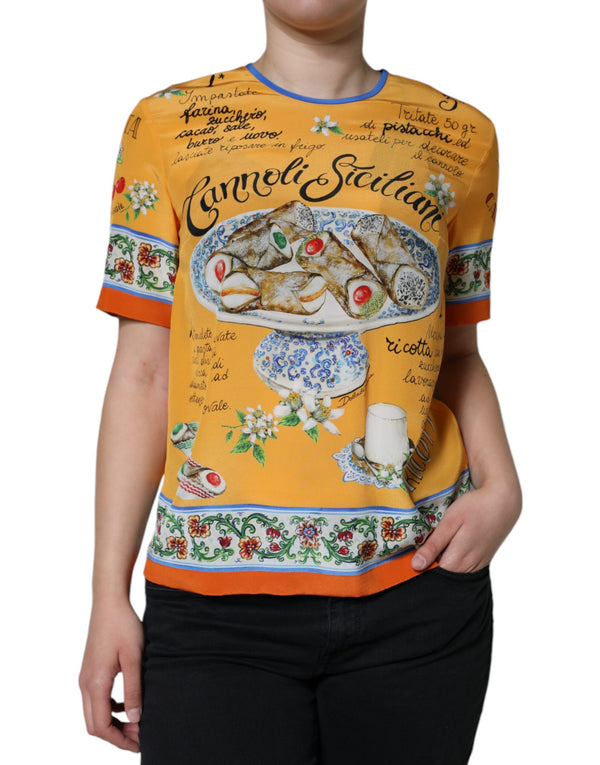 Orange Silk Cannoli Siciliana Print Short Sleeves Top