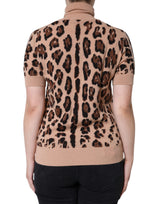 Beige Leopard Print Wool Turtleneck Top