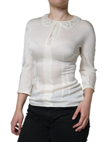 Off White Silk Lace Trimmed 3/4 Sleeves Blouse Top