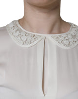 Off White Silk Lace Trimmed 3/4 Sleeves Blouse Top