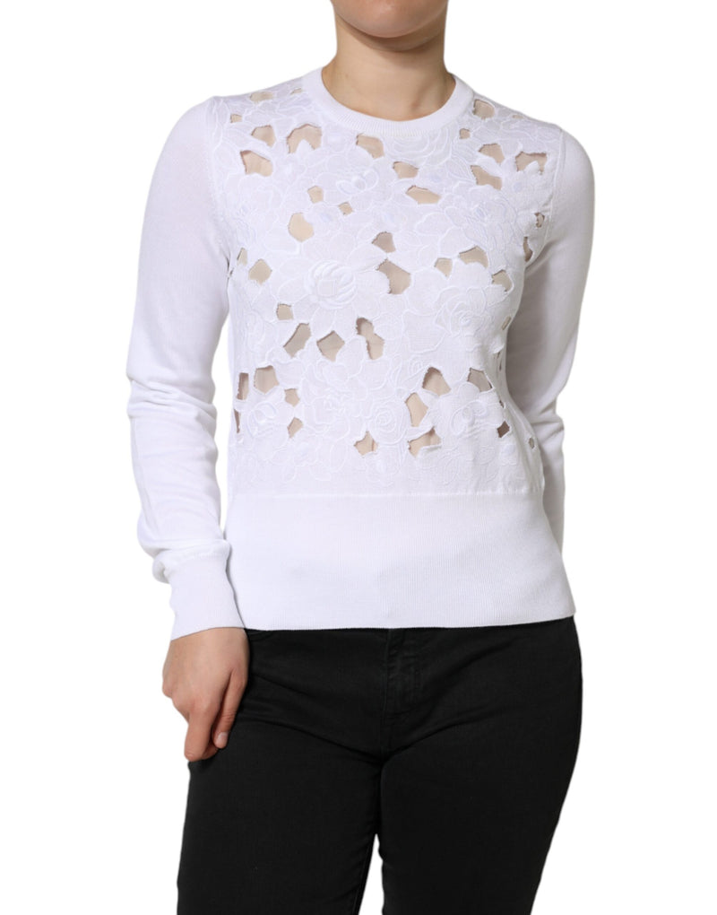 White Lace Cut Out Long Sleeves Pullover Sweater