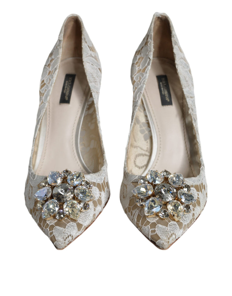 White Taormina Lace Crystal Heel Pumps Shoes