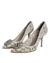 White Taormina Lace Crystal Heel Pumps Shoes