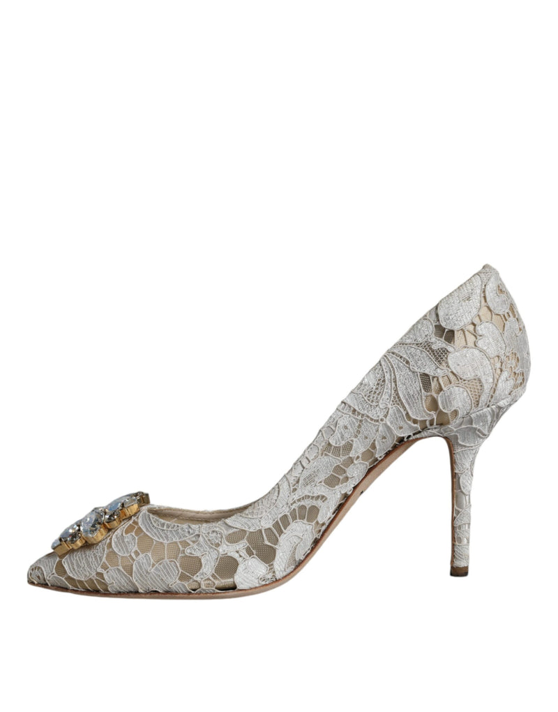 White Taormina Lace Crystal Heel Pumps Shoes