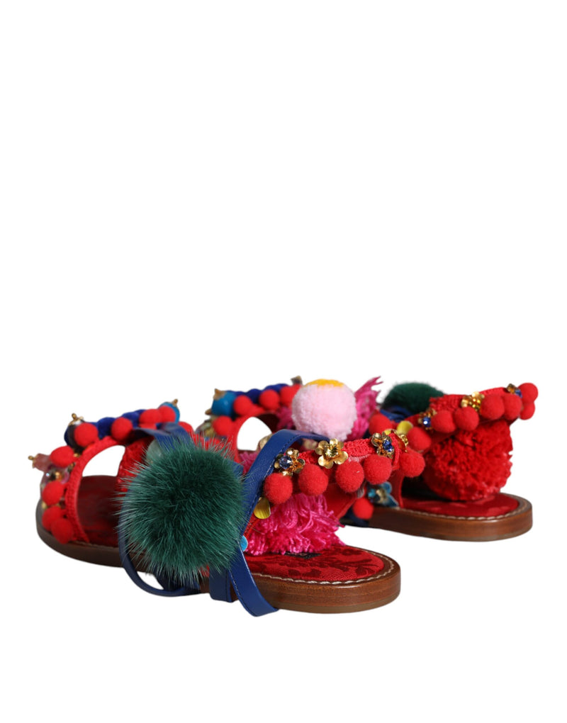 Multicolor Pom Pom Fur Wrap Sandals Shoes