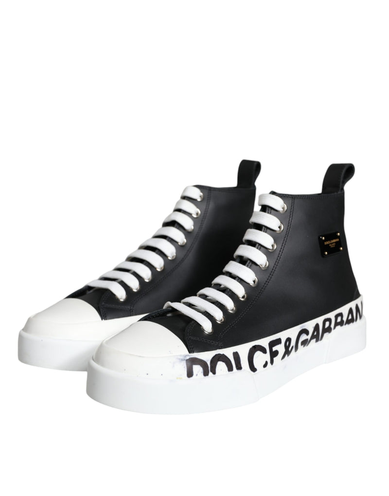 Black White Leather Mid Top Sneakers Shoes