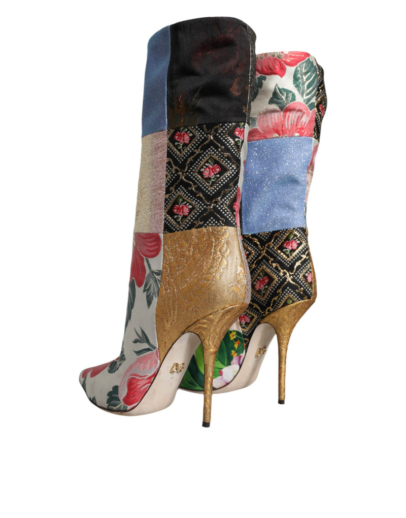 Multicolor Patchwork Print Heeled Boots Shoes