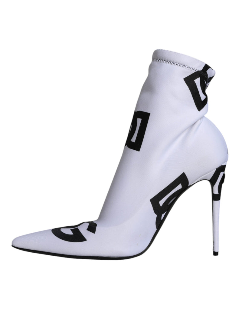 White Logo Stretch Heels Ankle Boots Shoes