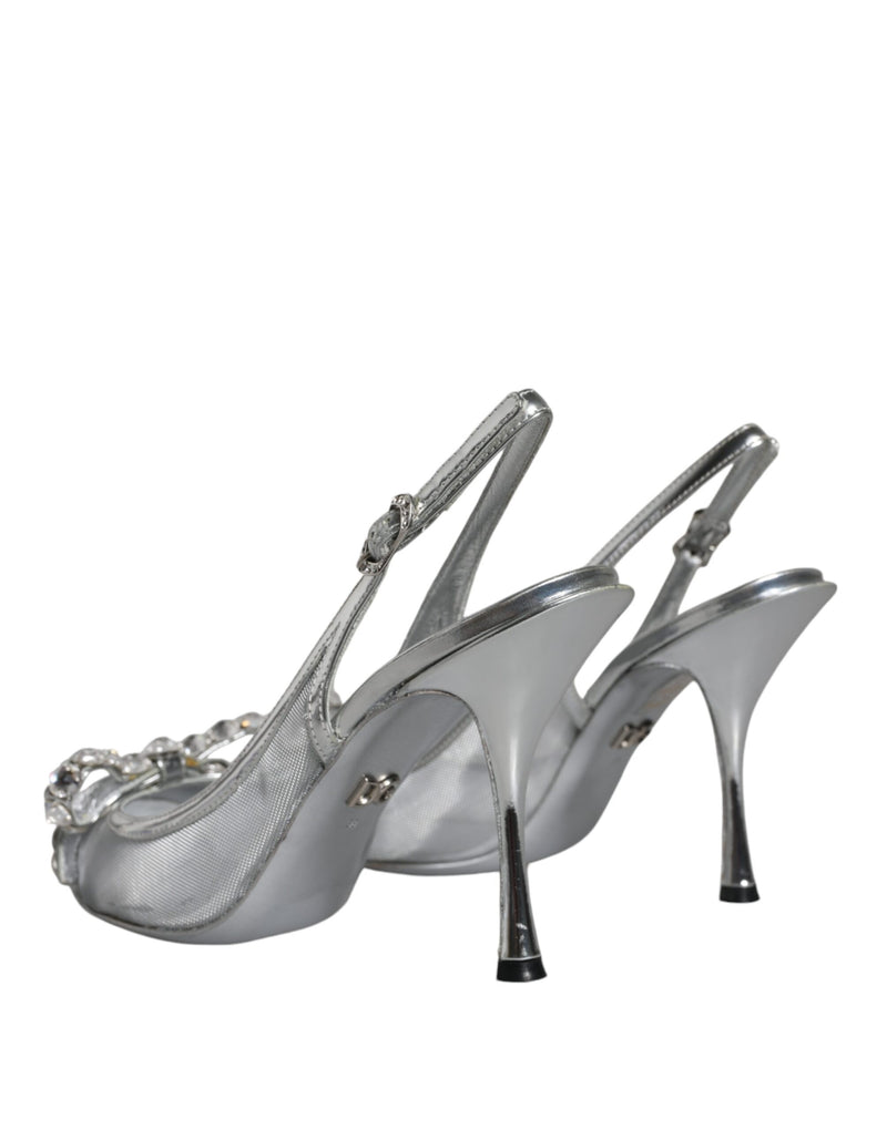 Silver Mesh Crystal Embellished Slingback Shoes