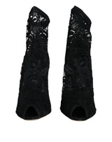 Black Lace Stretch Heels Mid Calf Boot Shoes