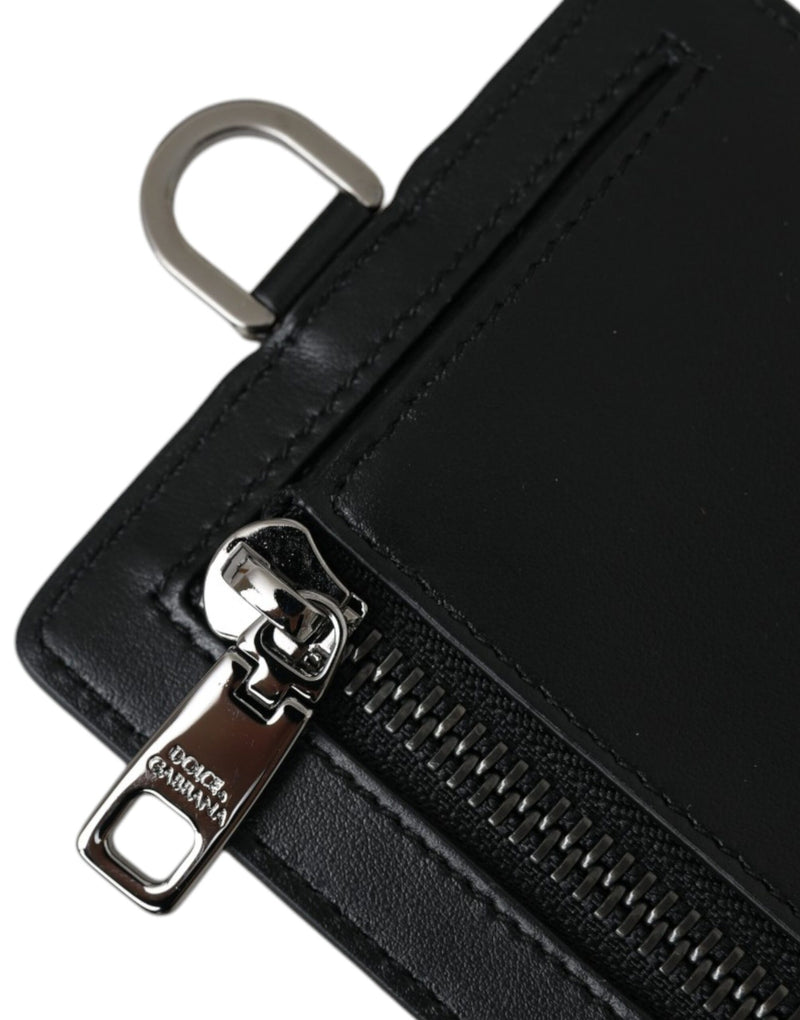 Black Calf Leather Lanyard Logo Card Holder Men Wallet