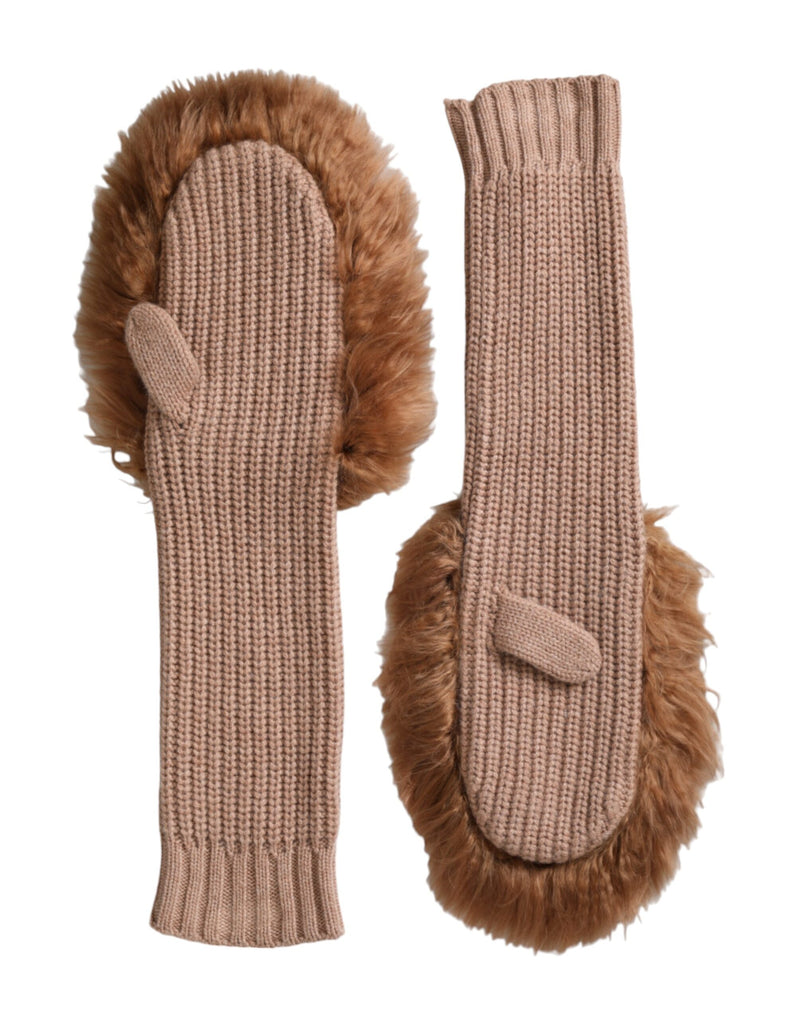 Brown Cashmere Knitted Fur Mid Arm Mitten Gloves