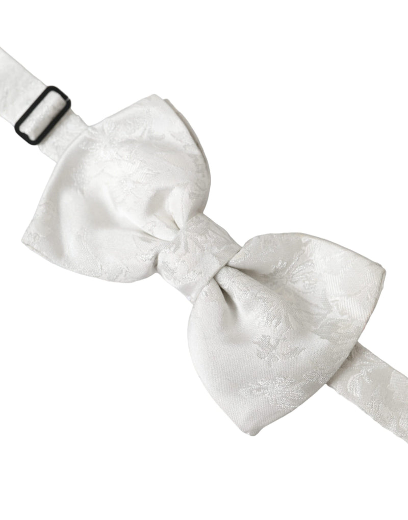 White Floral Silk Adjustable Men Neck Bow Tie