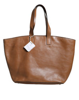 Brown Leather Logo Shoulder Strap Shopping Tote Bag