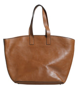 Brown Leather Logo Shoulder Strap Shopping Tote Bag