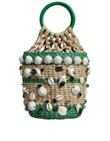 Beige Green Rafia Seashells Crystal Bucket Bag