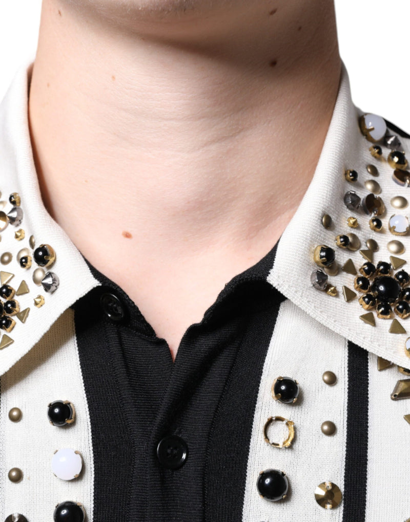 White Black Silk Studded Stone Crystal Shirt