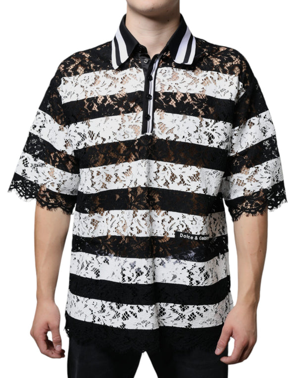 Black White Stripes Lace Collared Polo T-shirt