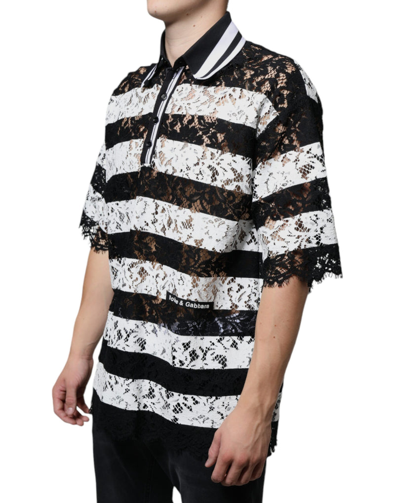 Black White Stripes Lace Collared Polo T-shirt