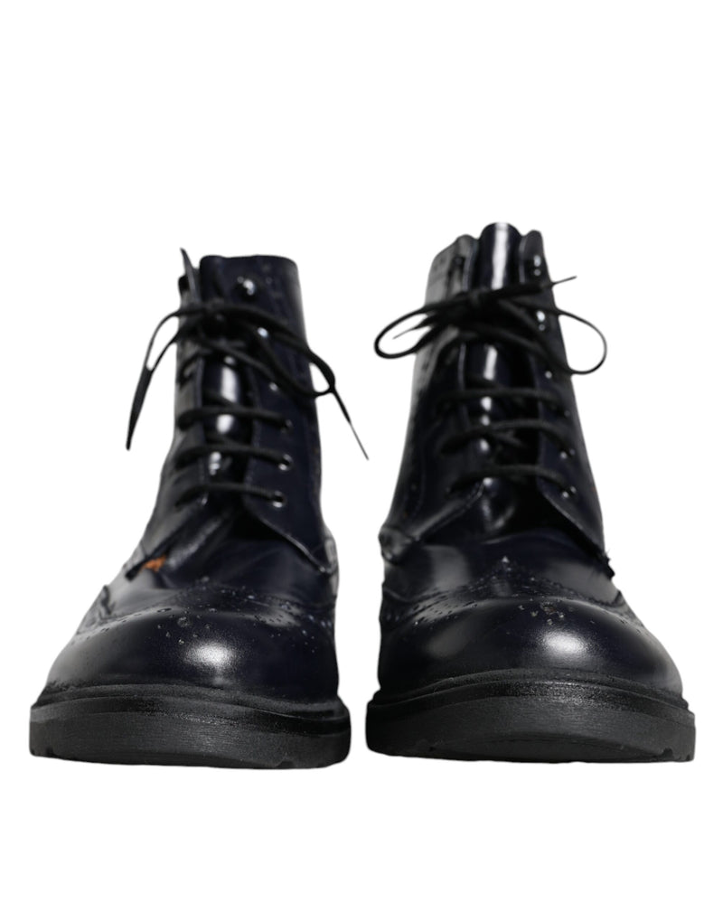 Black Leather Lace Up Mid Calf Boots Shoes