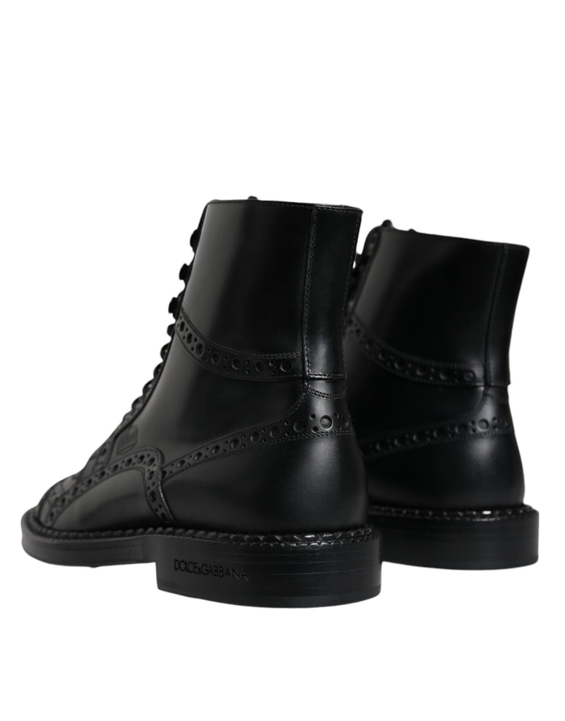 Black Leather Lace Up Mid Calf Boots Shoes