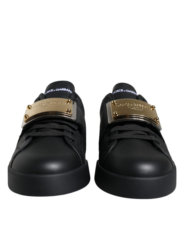 Black Leather Low Top Portofino Sneakers Shoes