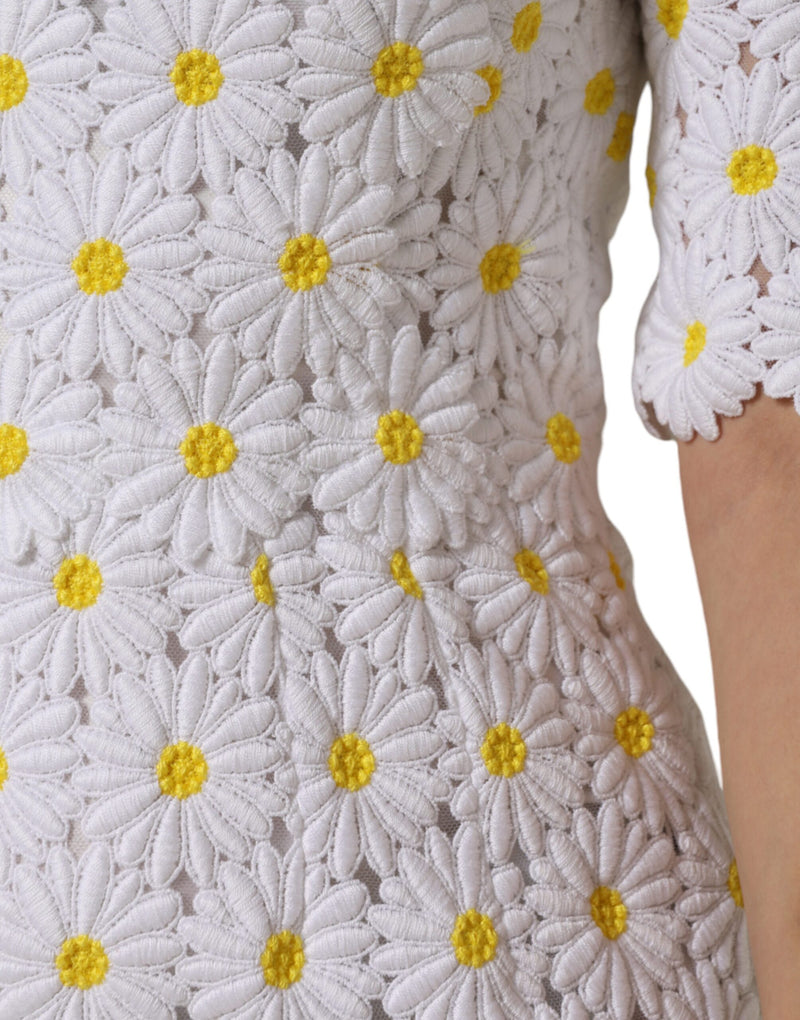 White Daisy Macrame Lace Sheath Midi Dress