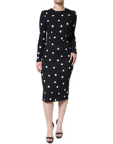 Black Viscose Polka Dots Sheath Midi Dress