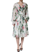 White Silk Floral Print A-line Midi Dress