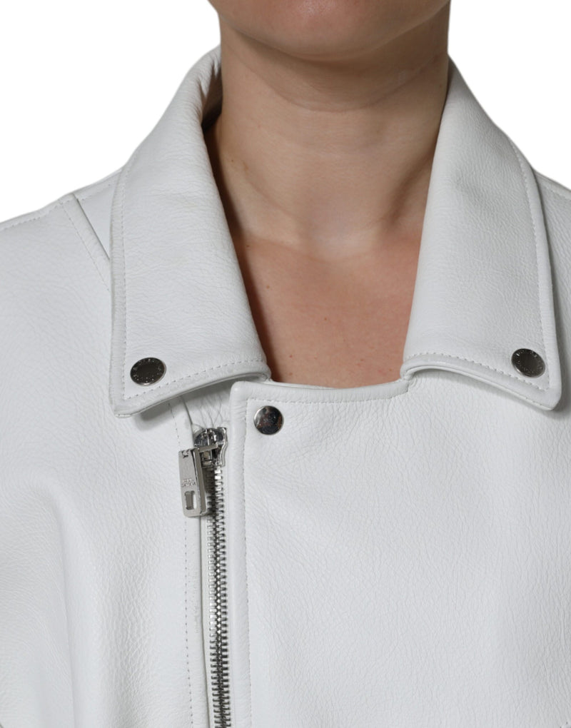 White Lambskin Leather Biker Coat Jacket