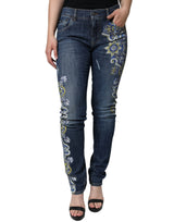 Blue Floral Cotton Stretch Skinny Denim Jeans