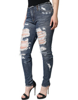 Blue Cotton Stretch Tattered Skinny Jeans