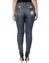 Blue Cotton Stretch Tattered Skinny Jeans