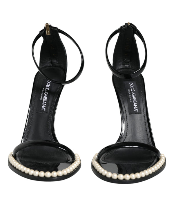 Black Keira Leather Faux Pearl Sandals Heels Shoes