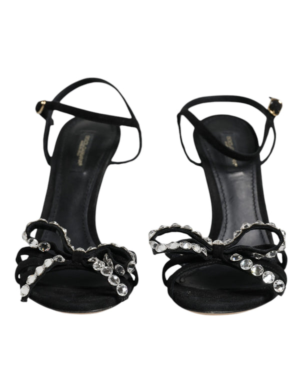 Black Leather Crystal Bow Heels Sandals Shoes