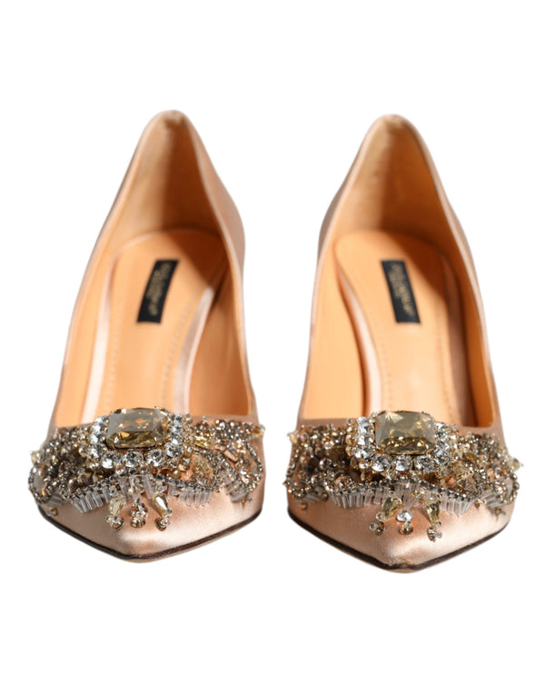 Beige Satin Crystal High Heels Pumps Shoes